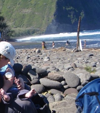 Max and I taking a feeding break during travels in 2009.